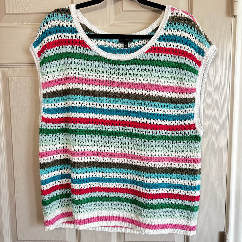 Talbots Petite XL Striped Crochet Knit Sleeveless Sweater Vest Coastal